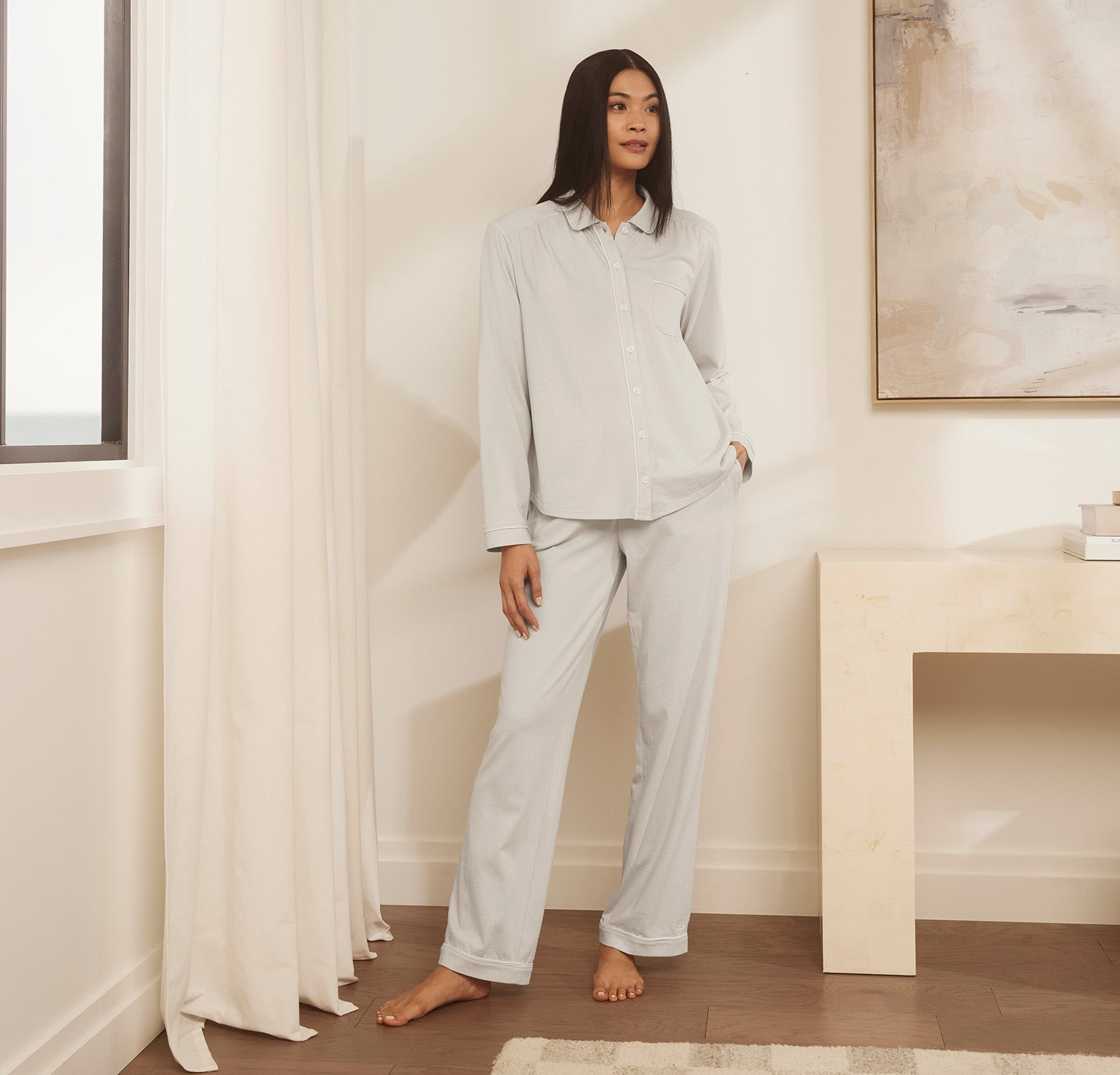 Model wearing Pajama Set in Mist